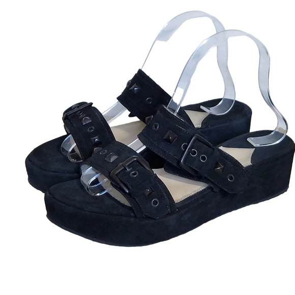 Klik Kalli Black‎ Suede Strappy Studded Buckle Closure Platform Wedge Sandals - Picture 1 of 16